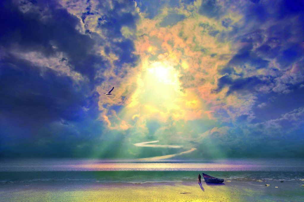 Image of tiny figure on a beach next to a rowboat with vast ocean and sky above links to one of Eckankar's spiritual events