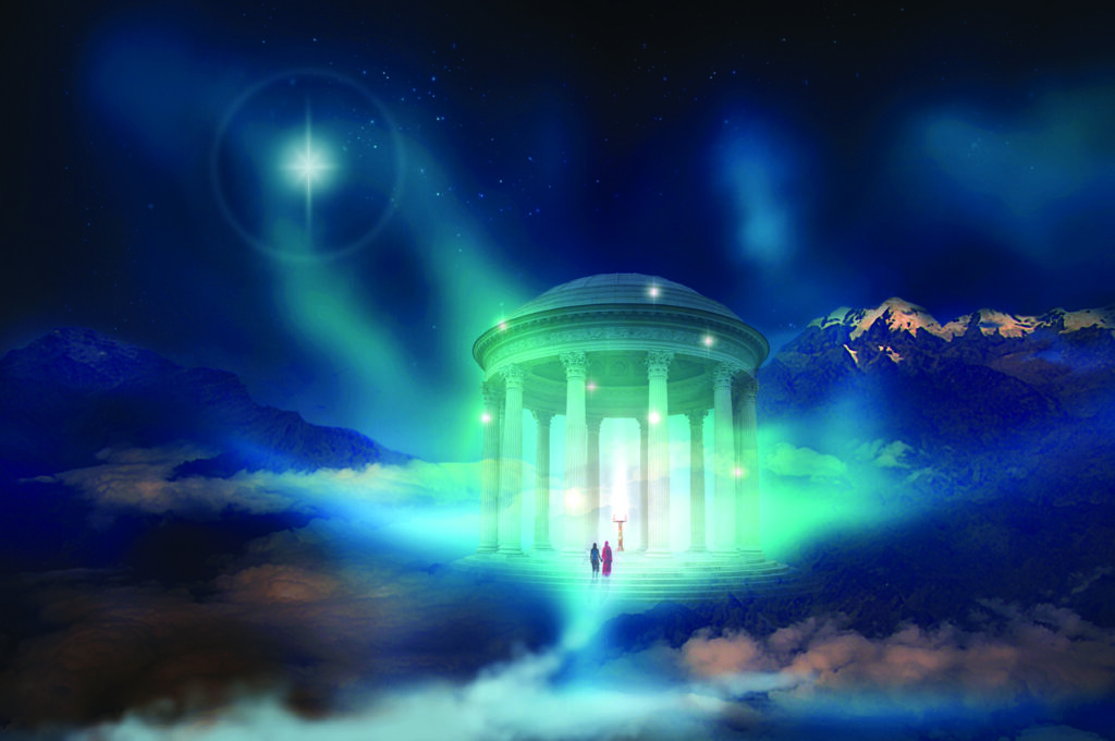Two figures walk up the steps to a round pavillion full of light. It evokes the inner worlds. A book sits on a stand with light streaming down onto it evoking a sacred text